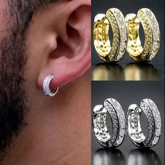 Men’s Iced Cubic Zirconia CZ Huggie Hoop Earrings Gold Unisex Party - Picture 3 of 3